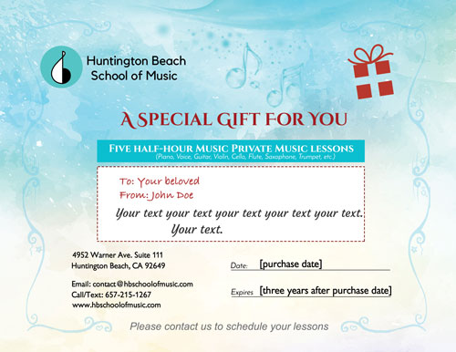 Gift Certificate Gift Package Huntington Beach School of Music
